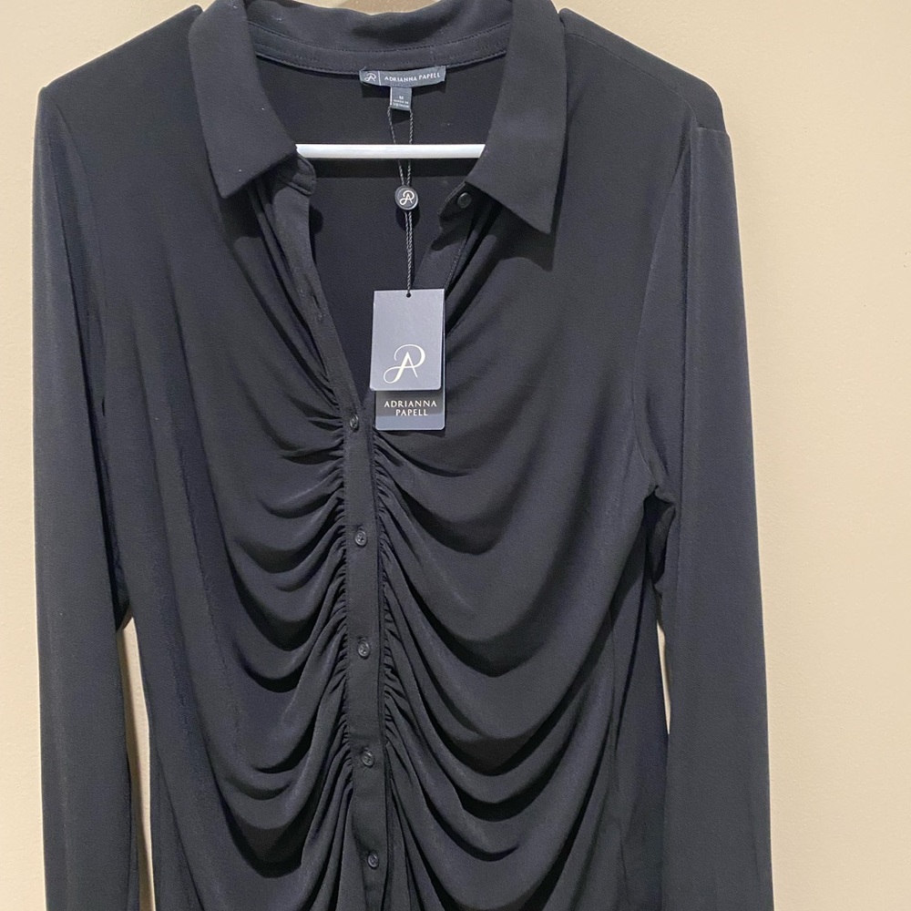 Adrianna Papell Black Long Sleeve Ruched Blouse
